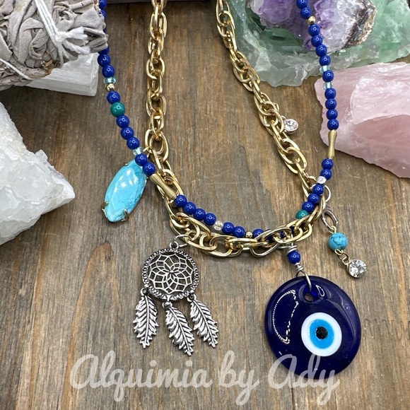 Evil’s eye turquoise Lapis  beaded layered maximalist multi charms necklace - Picture 1 of 7